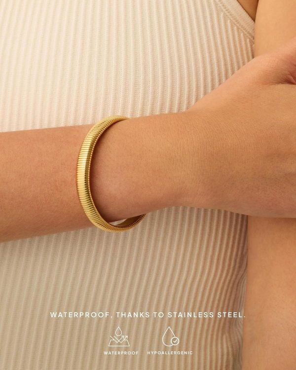 Stainless Steel 14K Gold Plated Waterproof Flexible Stretch Chunky Bangle for Women | Cobra Bracelet - Image 4