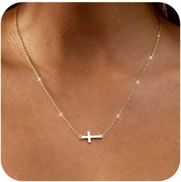 Dainty Cross Pendant Necklaces for Women 14K Gold Plated Cute Faith Cross Necklace Sideways Cross Necklace Minimal Everyday Jewelry Gift - Image 3