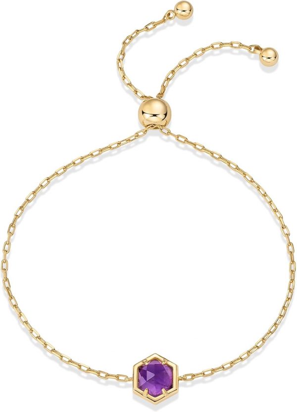 14K Gold Plated Hexagon Gemstone Bracelet for Women | Natural Birthstone 9" Bracelet - Image 3