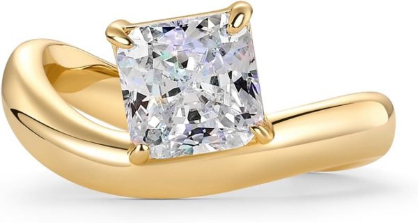 14K Gold Plated Premium Cubic Zirconia Square Solitaire Engagement Ring for Women - Unique Wavy Promise and Fake Wedding Ring - Image 2