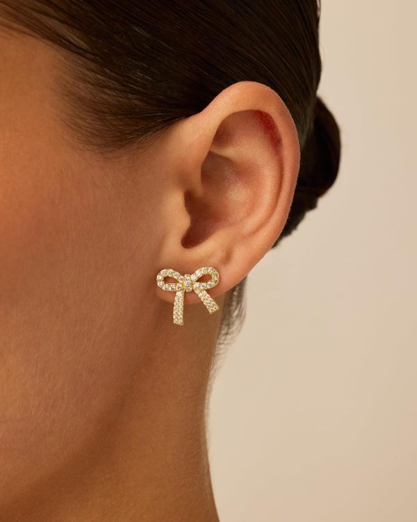 14K Gold Plated Cubic Zirconia Bow Stud Earrings for Women | Coquette Earring Pair - Image 2