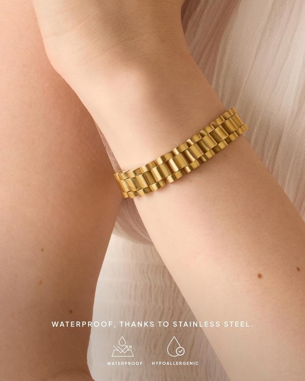 14K Gold Plated Waterproof Watch Strap Chain Bracelet for Women | Two Toned Mixed Metals Stainless Steel Chunky Link Bracelet - Image 3