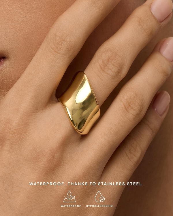 14K Gold Plated Chunky Statement Ring for Women | Stainless Steel Hypoallergenic Wide Stackable Rings - Image 2
