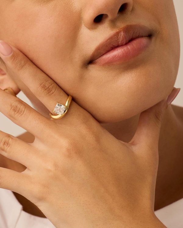 14K Gold Plated Premium Cubic Zirconia Square Solitaire Engagement Ring for Women - Unique Wavy Promise and Fake Wedding Ring - Image 3