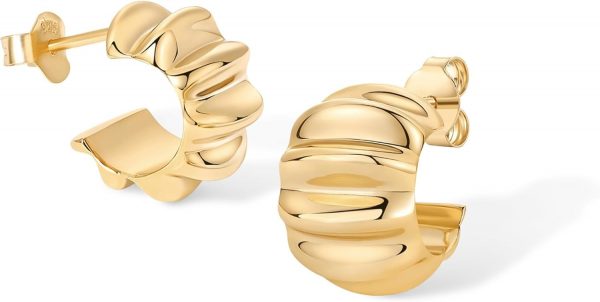 14K Gold Plated Bold Statement Hoop Earrings for Women - Trendy Boho Ribbed Croissant Scallop Peach Puffy Jewelry Chunky Gold Earrings - Image 2