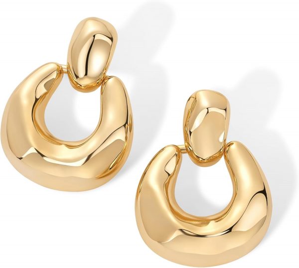 14K Gold Plated Chunky Dangle Door Knocker Earrings for Women | Trendy Geometric Drop Statement Earrings | Jewelry Gifts - Image 3