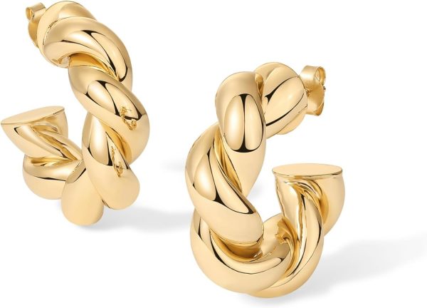 14K Gold Plated Chunky Twisted Puffed Rope Hoop Earrings for Women | Gold Earring Pair - Image 3