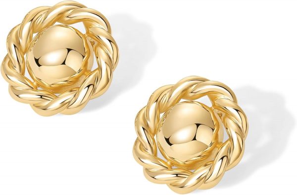 14K Gold Plated Chunky Vintage Earrings for Women - Trendy Textured Ribbed Knot Geometric Triangle Rope Button Seashell Wing Dangle Drop Stud Earrings Dupes - Image 3