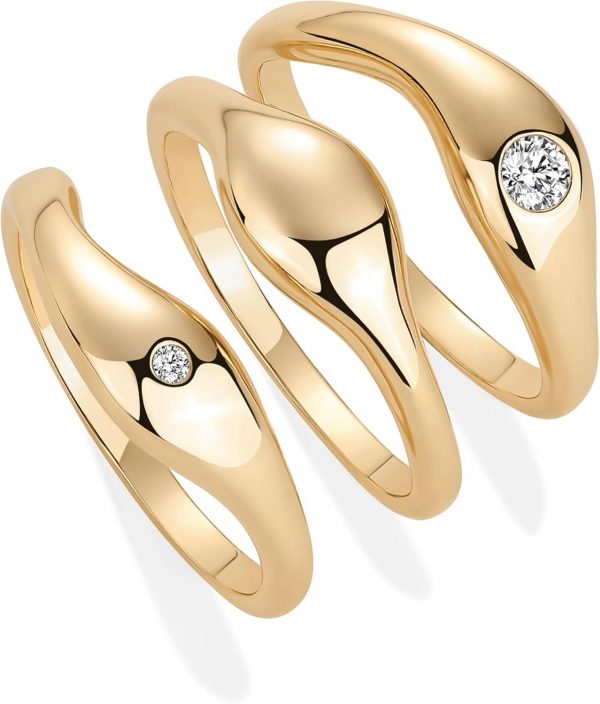 14K Gold Plated Chunky Stackable Rings Set for Women | Cubic Zirconia Bands Set | 3 Statement Rings Pack - Image 5