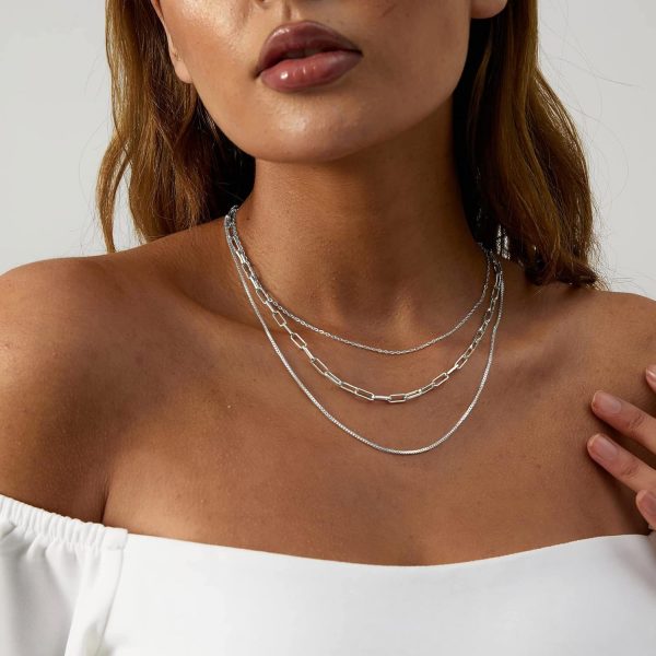Women 14K Plated Layered Chain Necklaces Trible Layering Paper Clip Chain Hammered Disc Link Necklace Shiny Twisted Rope Chain Necklace Jewelry - Image 3