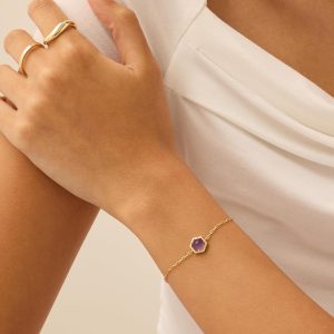 14K Gold Plated Hexagon Gemstone Bracelet for Women | Natural Birthstone 9" Bracelet