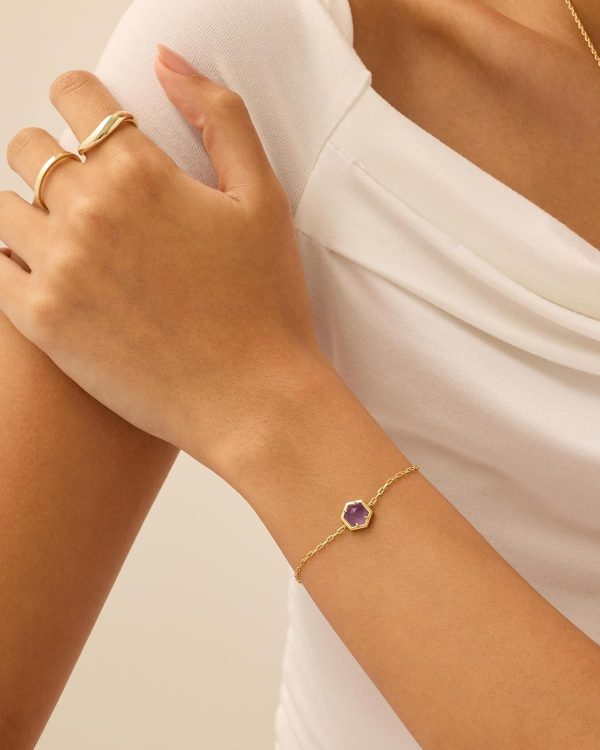14K Gold Plated Hexagon Gemstone Bracelet for Women | Natural Birthstone 9" Bracelet
