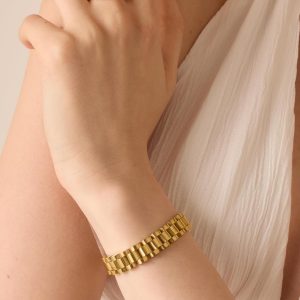 14K Gold Plated Waterproof Watch Strap Chain Bracelet for Women | Two Toned Mixed Metals Stainless Steel Chunky Link Bracelet