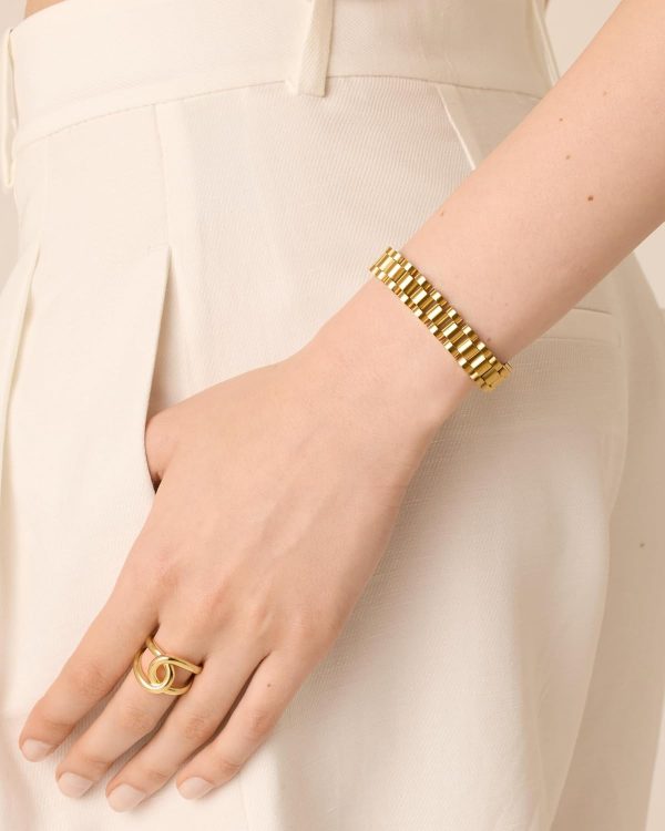 14K Gold Plated Waterproof Watch Strap Chain Bracelet for Women | Two Toned Mixed Metals Stainless Steel Chunky Link Bracelet - Image 2