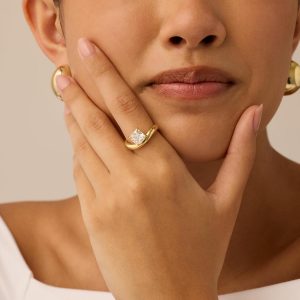 14K Gold Plated Premium Cubic Zirconia Square Solitaire Engagement Ring for Women - Unique Wavy Promise and Fake Wedding Ring