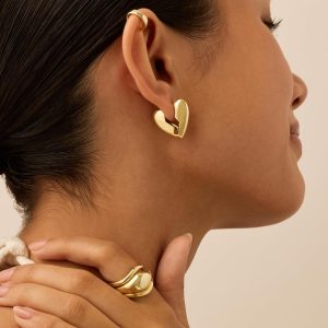 14K Gold Plated Bold Chunky Dupe Heart Hoop Earrings for Women | Gold Earring Pair