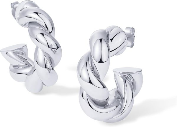14K Gold Plated Chunky Twisted Puffed Rope Hoop Earrings for Women | Gold Earring Pair - Image 2