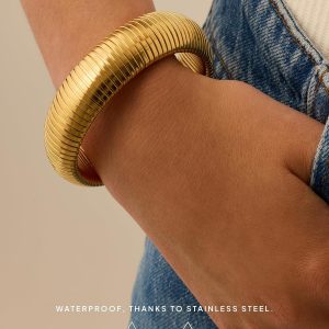 Stainless Steel 14K Gold Plated Waterproof Flexible Stretch Chunky Bangle for Women | Cobra Bracelet