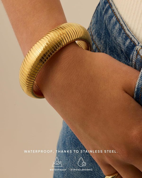 Stainless Steel 14K Gold Plated Waterproof Flexible Stretch Chunky Bangle for Women | Cobra Bracelet
