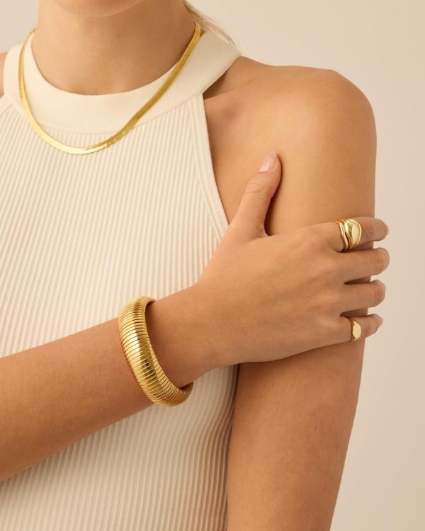 Stainless Steel 14K Gold Plated Waterproof Flexible Stretch Chunky Bangle for Women | Cobra Bracelet - Image 2