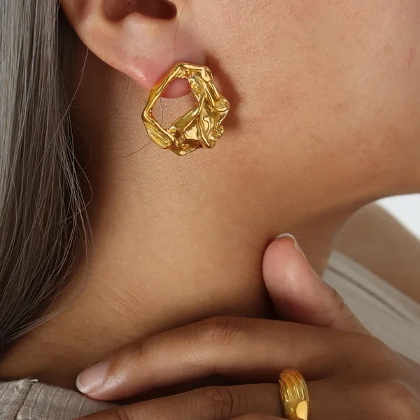 18k Pvd Gold Plated  Earring Unique Hollowed Out Texture Stainless Steel Irregular Earrings - Image 2