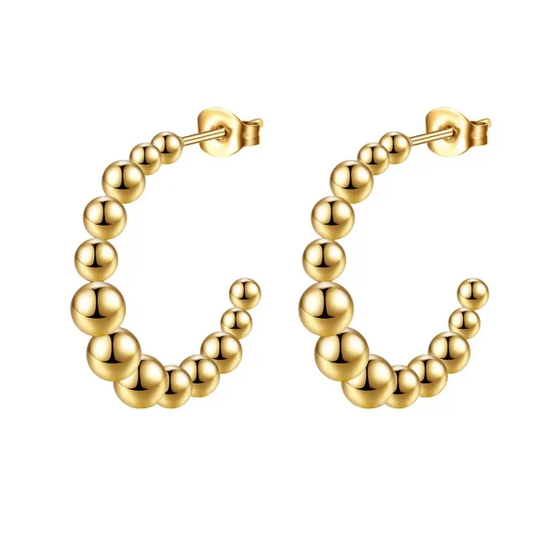 2023 14K Gold Filled Beaded Hoop Earring for Women, C Shape Stainless Steel Ball Earring Jewelry - Image 2