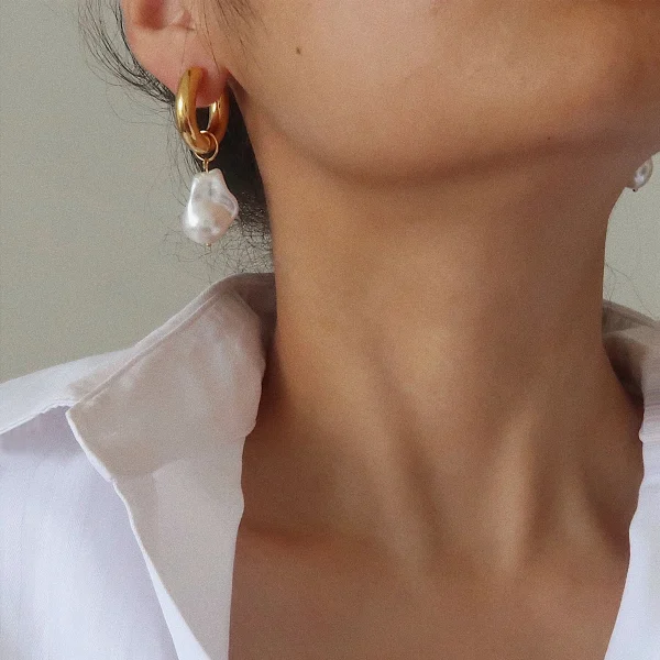 Hypoallergenic Designer Baroque Pearl Earrings Trendy Stainless Steel 18k Gold Plated Statement Hoop Earrings Women - Image 3