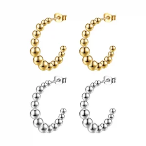 2023 14K Gold Filled Beaded Hoop Earring for Women, C Shape Stainless Steel Ball Earring Jewelry