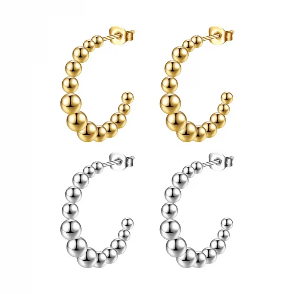 2023 14K Gold Filled Beaded Hoop Earring for Women, C Shape Stainless Steel Ball Earring Jewelry
