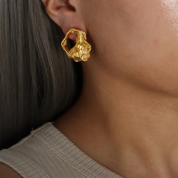 18k Pvd Gold Plated  Earring Unique Hollowed Out Texture Stainless Steel Irregular Earrings