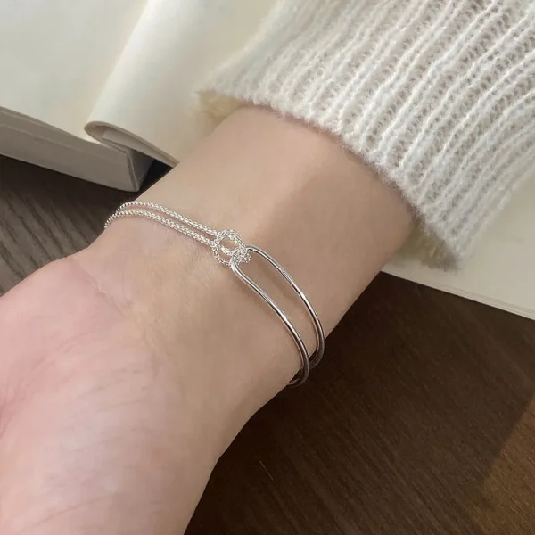 Genuine 925 Sterling Silver Double Layer Chain Knot Bracelet & Bangle for Women Fine Jewelry - Image 3