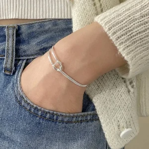 Genuine 925 Sterling Silver Double Layer Chain Knot Bracelet & Bangle for Women Fine Jewelry