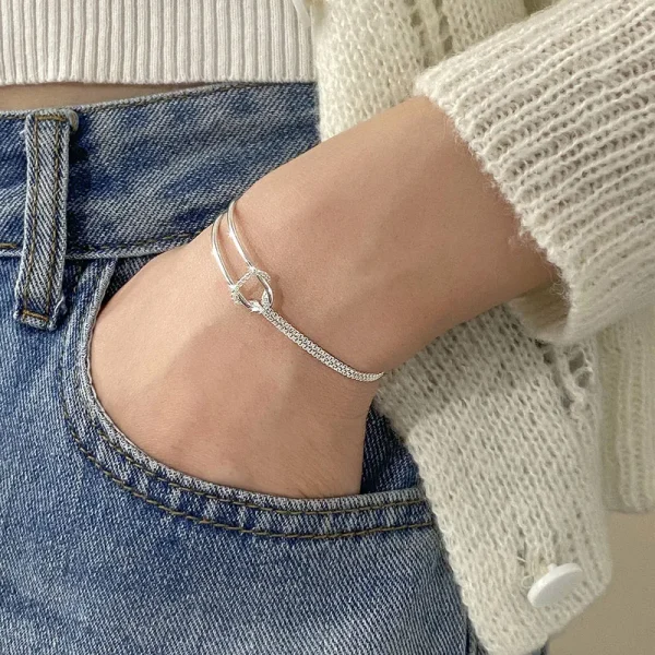 Genuine 925 Sterling Silver Double Layer Chain Knot Bracelet & Bangle for Women Fine Jewelry