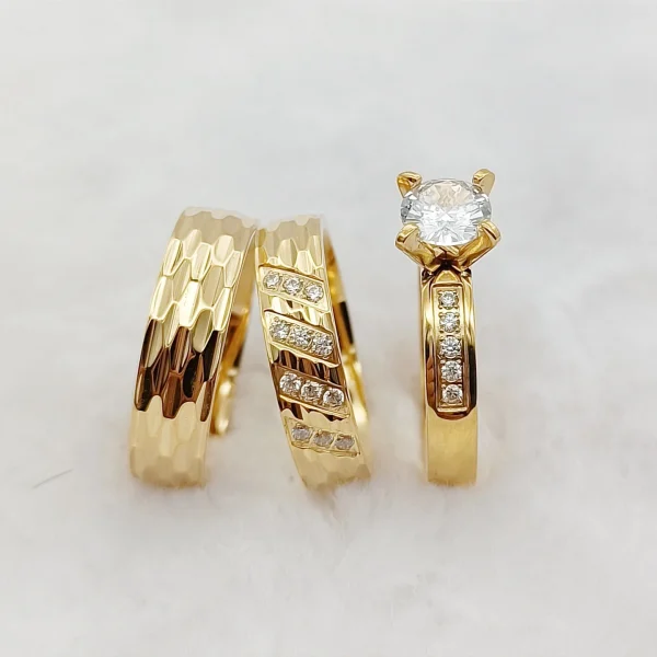 Handmade Hammered 18k Gold Plated Couple Wedding Engagement Ring for Men and Women 3pcs Bridal Sets Cz Diamond Ring Alliance